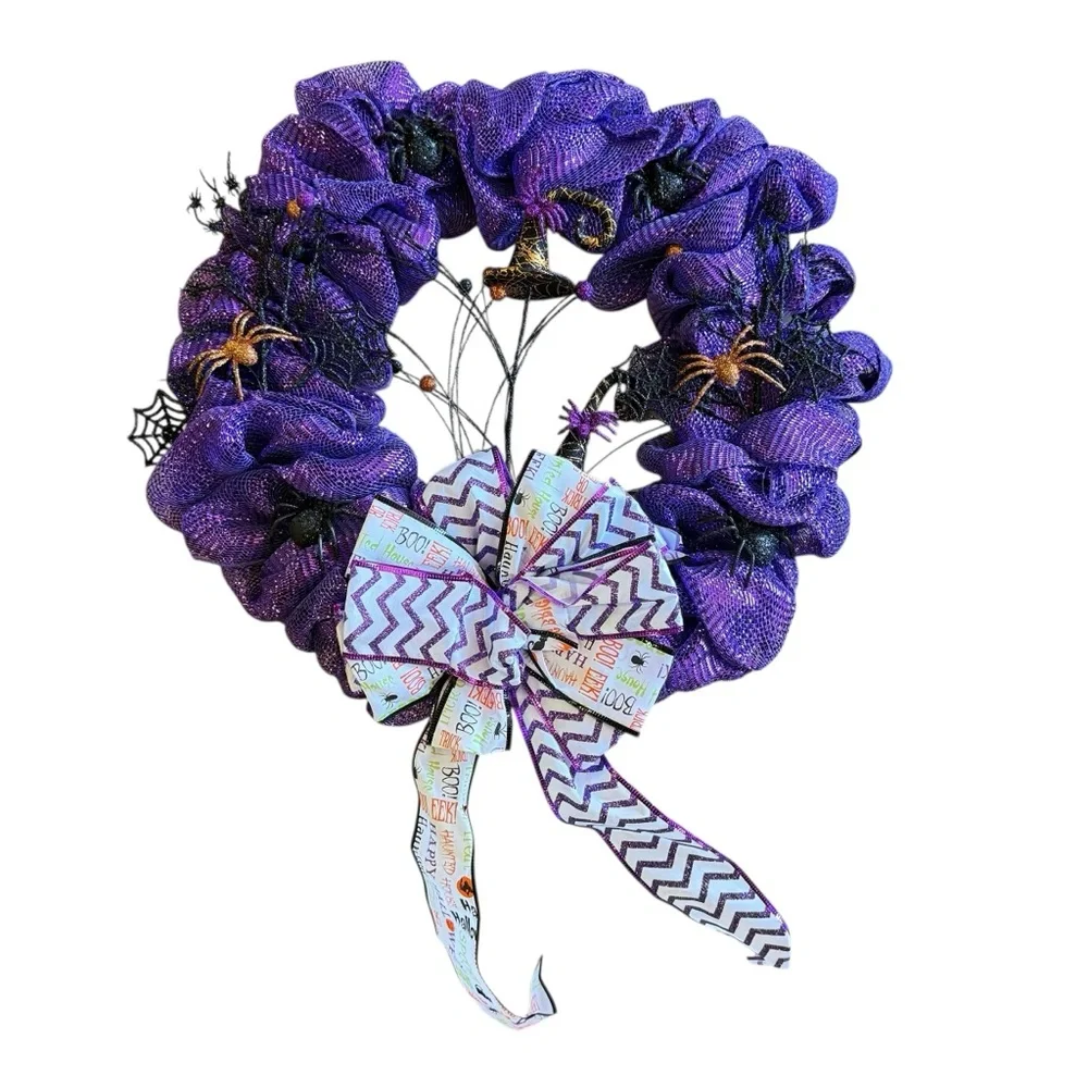 Handmade Purple Halloween Deco Mesh Wreath with Ribbon Bow, Spiders & Webs 20
